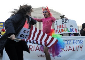 Pro same sex marriage demonstrators last week outside U S Supreme Court building.