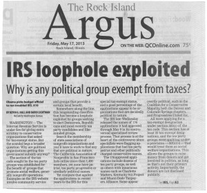 Front page headline Rock Island Argus May 17th.