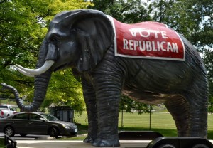 Scott County Republican "mascot"  "Ellie Bay" (no need for a  bi-gender name) shown with slogan "Vote Republican"  Just don't ask her why.