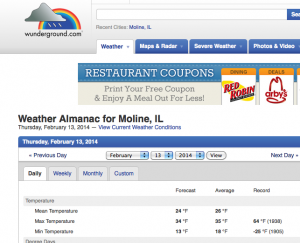 Weather Underground Archive Screen Capture  February 13, Moline, IL.